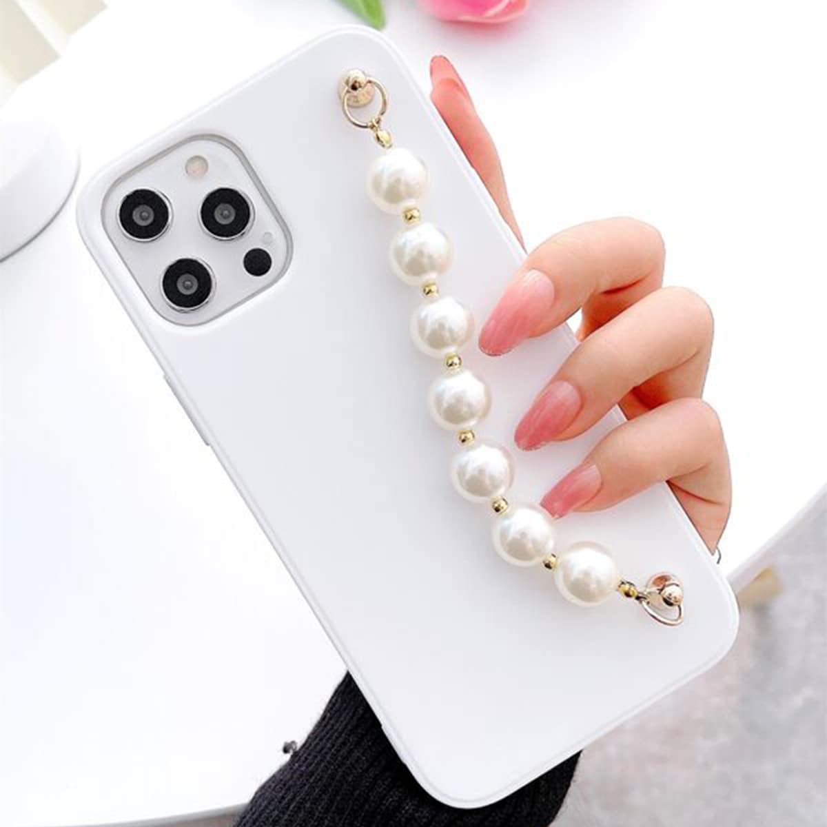 

Faux Pearl Hand Strap Phone Case, White