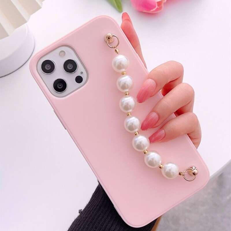 

Faux Pearl Hand Strap Phone Case, Pink
