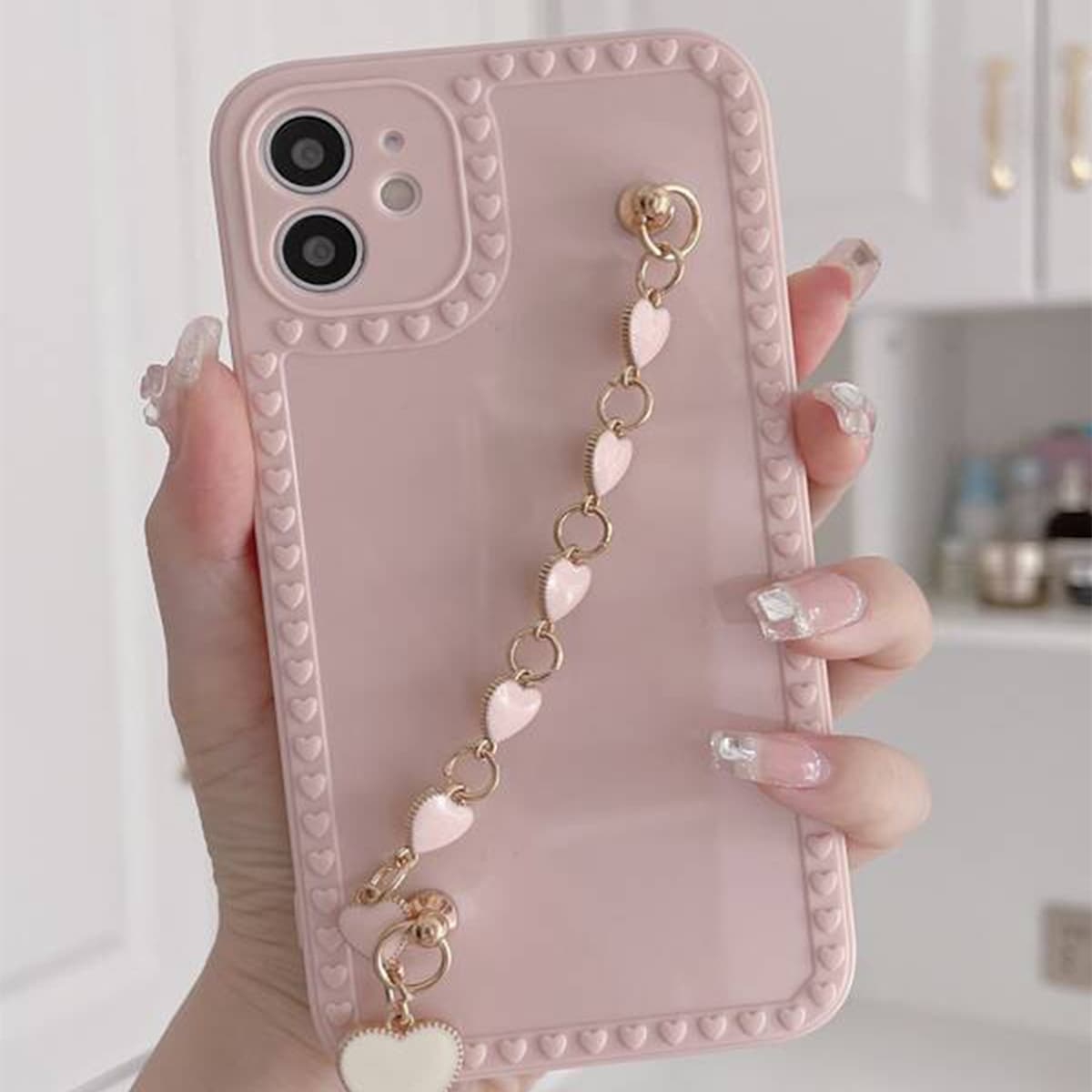 

Heart Design Hand Strap Phone Case, Pink