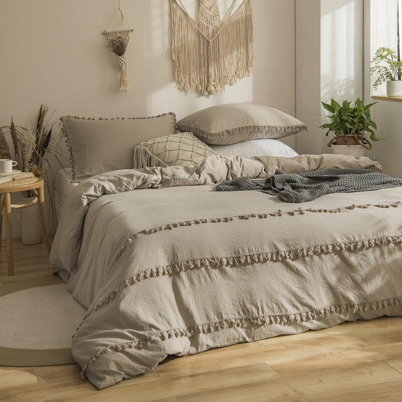 

Tassel Decor Duvet Cover Sets Without Filler, Khaki