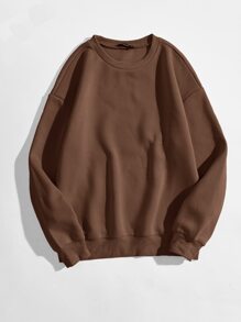 SHEIN Unity Solid Round Neck Sweatshirt - Coffee Brown - View 1