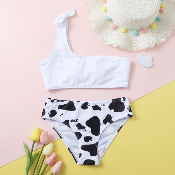 

Girls Cow Print One Shoulder Bikini Swimsuit, Black and white
