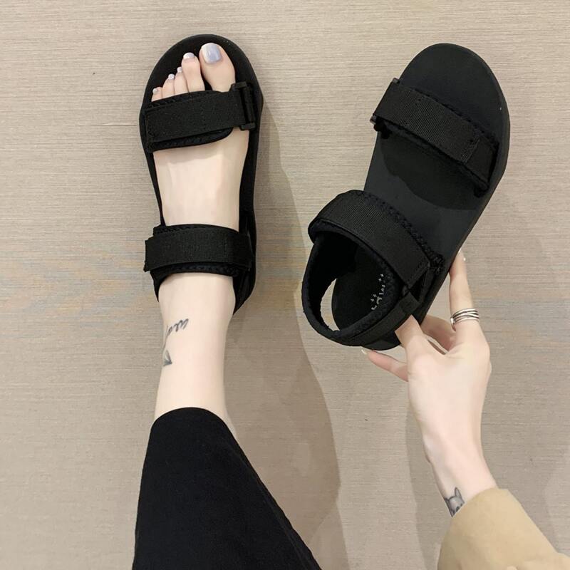 

Velcro Strap Flat Sandals, Black