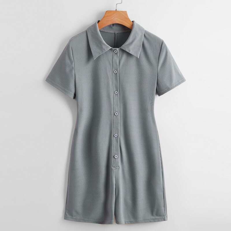 

Solid Button Front Ribbed Jumpsuit, Grey