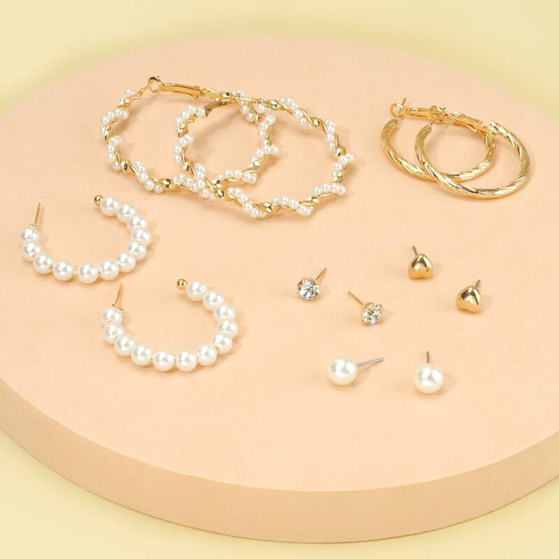 

6pairs Faux Pearl Decor Earrings, Gold