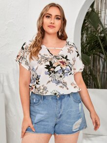 SHEIN LUNE Plus V-neck Floral Top - Multicolor - View 1