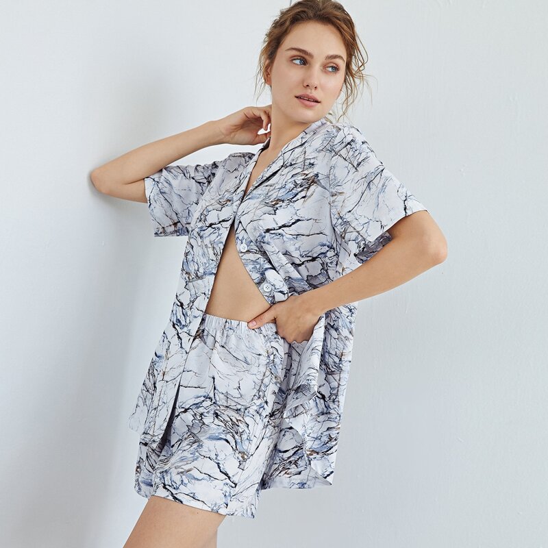 

Marble Print Lapel Collar PJ Set, Multicolor