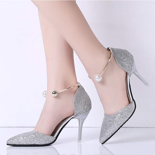 

Faux Pearl Decor Glitter Pumps, Silver