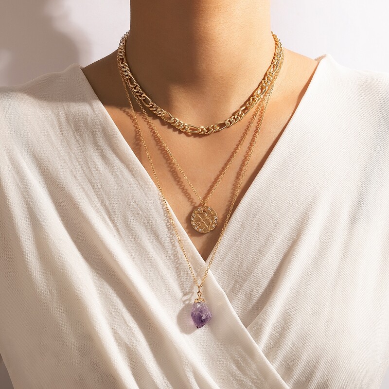 

Stone & Round Pendant Layered Necklace, Gold