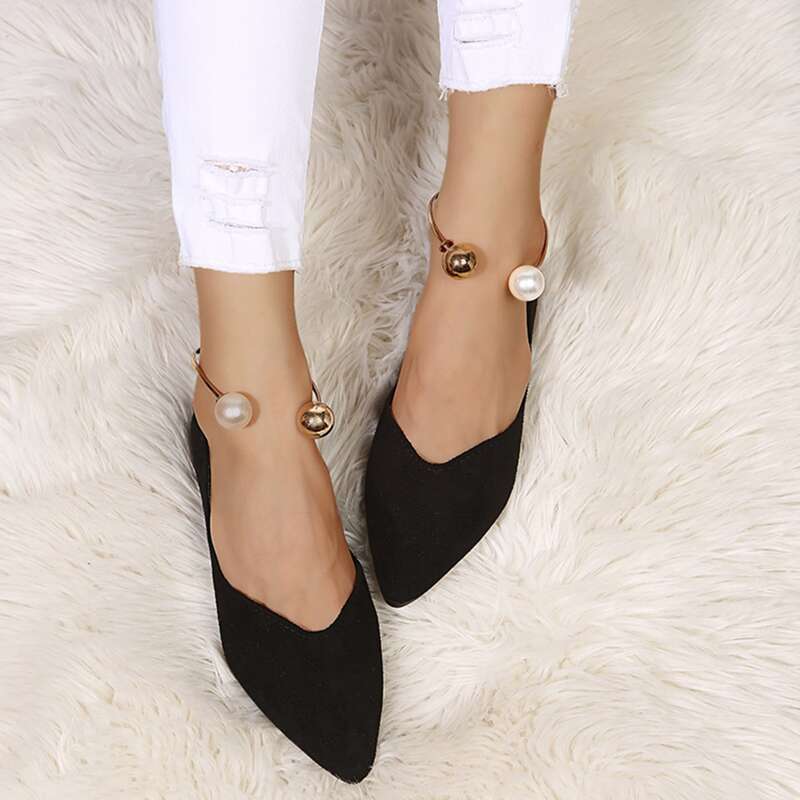 

Faux Pearl Decor Point Toe Flats, Black