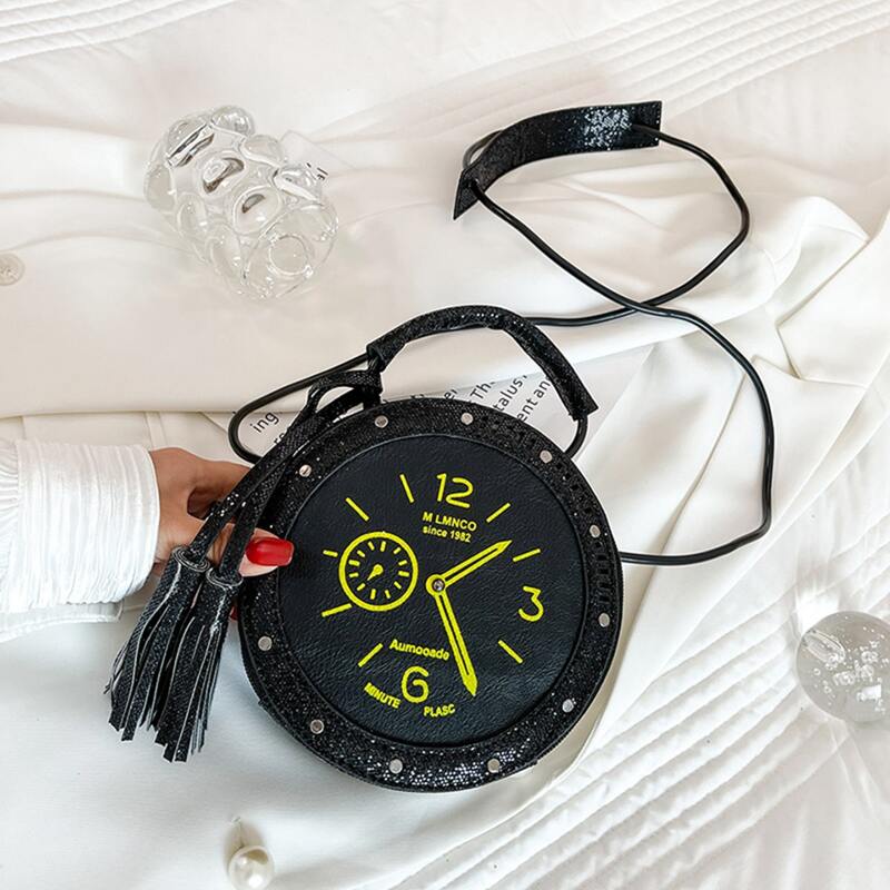 

Tassel Charm Clock Design Satchel Bag, Black