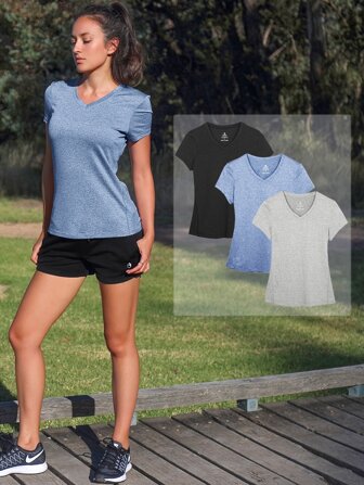 3 قطع تي شيرت رياضي بأكمام قصيرة وياقة V