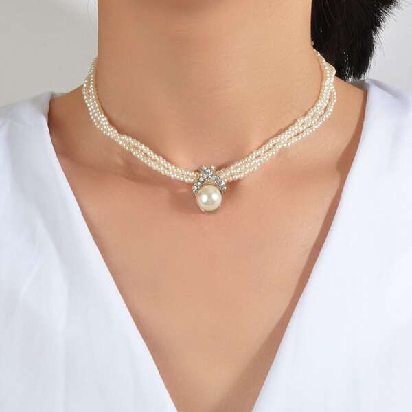 

Faux Pearl Beaded Choker, White