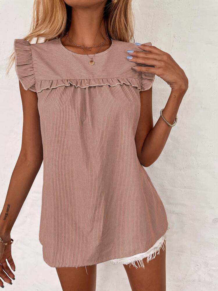SHEIN VCAY Stripe Frill Trim Blouse - Dusty Pink - View 3