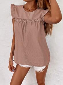 SHEIN VCAY Stripe Frill Trim Blouse - Dusty Pink - View 4