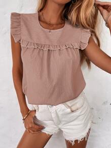 SHEIN VCAY Stripe Frill Trim Blouse - Dusty Pink - View 6