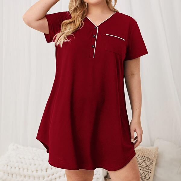 

Plus Half Placket Contrast Binding Nightdress, Burgundy