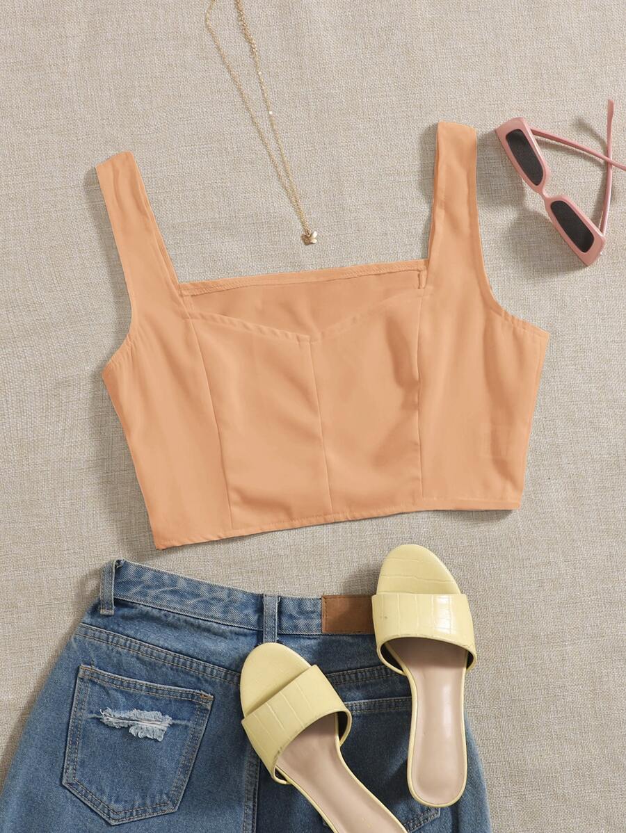 側拉鏈雞心領短版上衣 - 杏色 - 查看 1