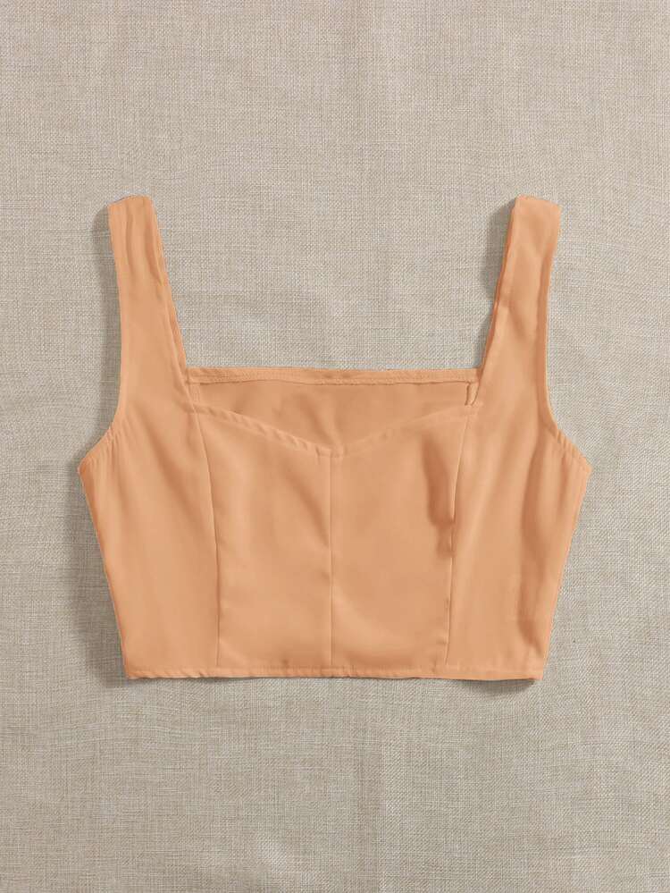 側拉鏈雞心領短版上衣 - 杏色 - 查看 5