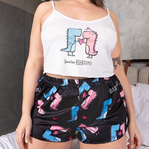 

Plus Sloth Print Pajama Set, Black and white