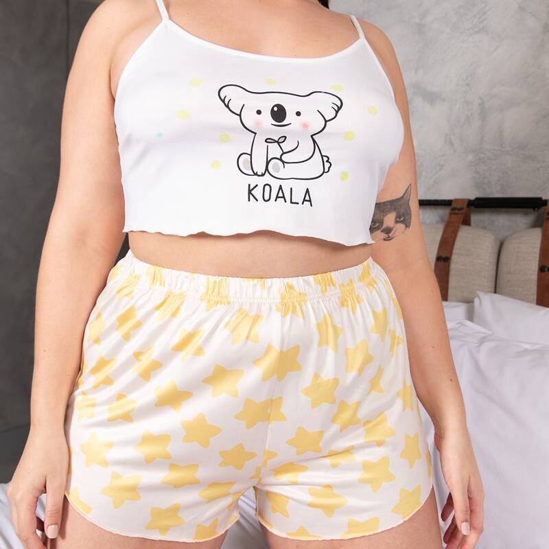 

Plus Cartoon & Letter Graphic Pajama Set, Multicolor