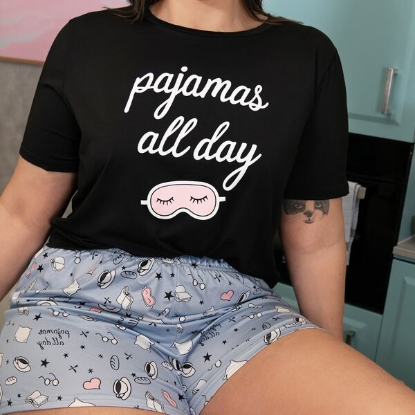 

Plus Slogan & Cartoon Graphic Pajama Set, Multicolor