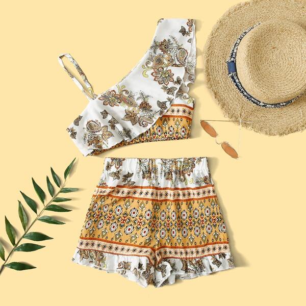 

Girls Asymmetrical Neck Ruffle Trim Floral Top And Shorts Set, Multicolor