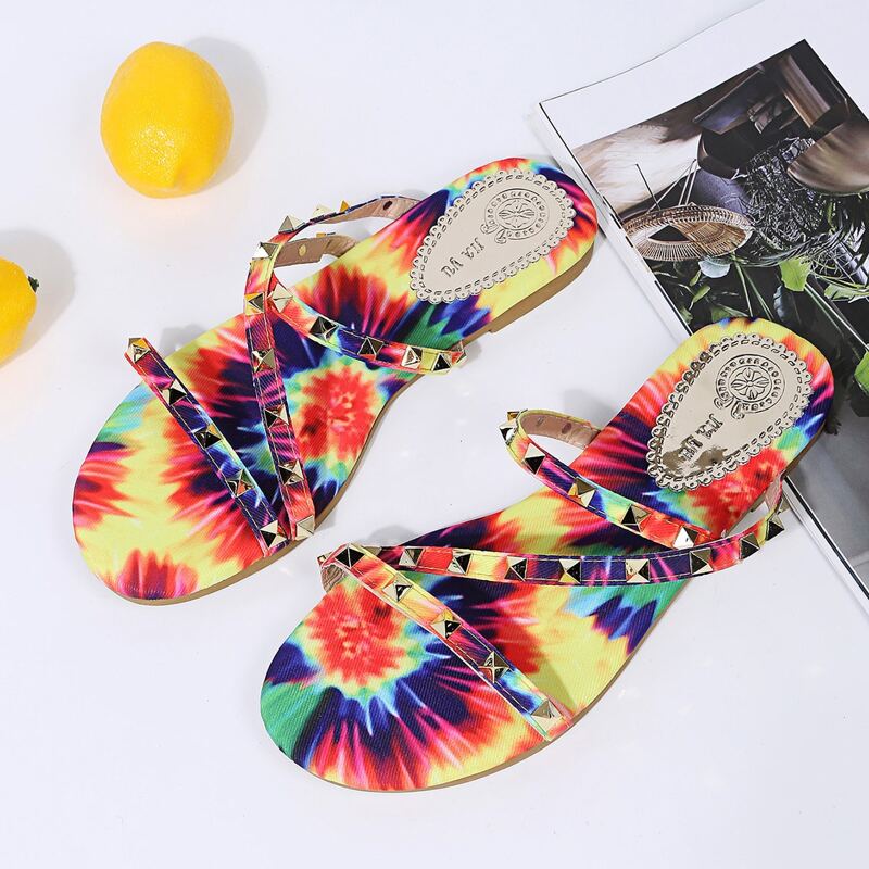 

Tie Dye Spiked Decor Slide Sandals, Multicolor