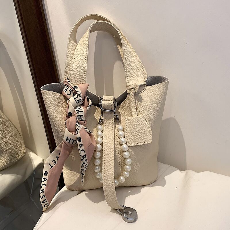 

Twilly Scarf & Faux Pearl Decor Bucket Bag, Beige