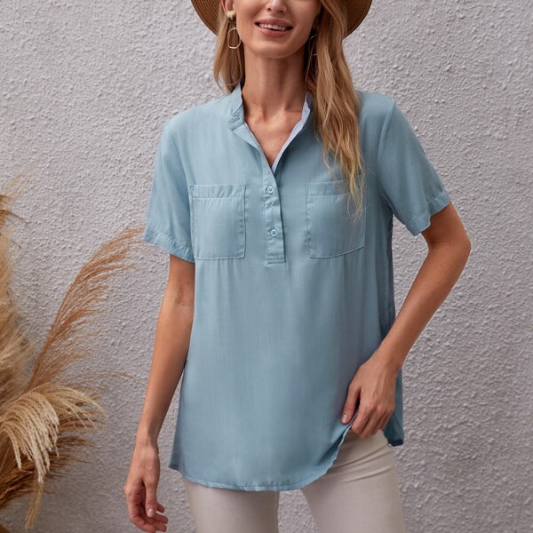 

Solid Half Button Blouse, Dusty blue