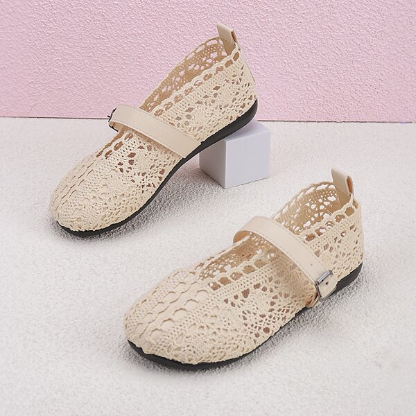 

Buckle Decor Lace Panel Flats, Beige