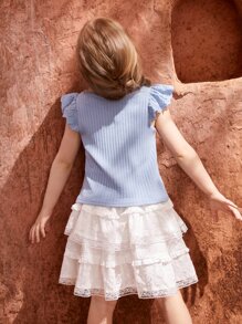 SHEIN Young Girl Eyelet Embroidered Ruffle Trim Tank Top - Blue - View 2