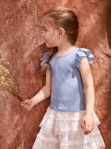 SHEIN Young Girl Eyelet Embroidered Ruffle Trim Tank Top - Blue - View 3