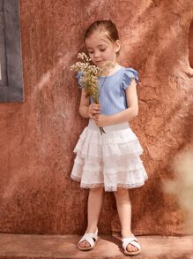 SHEIN Young Girl Eyelet Embroidered Ruffle Trim Tank Top - Blue - View 4