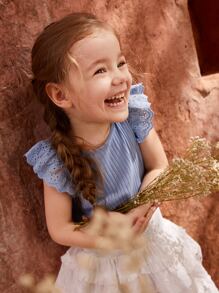 SHEIN Young Girl Eyelet Embroidered Ruffle Trim Tank Top - Blue - View 5