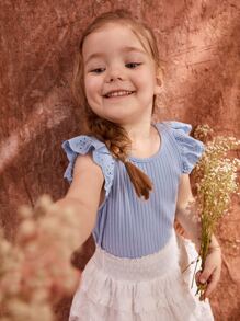 SHEIN Young Girl Eyelet Embroidered Ruffle Trim Tank Top - Blue - View 6