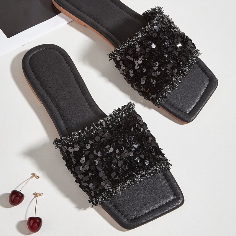 

Sequin Decor Slide Sandals, Black