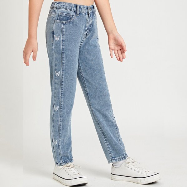 

Girls High Waisted Butterfly Embroidered Jeans, Light wash