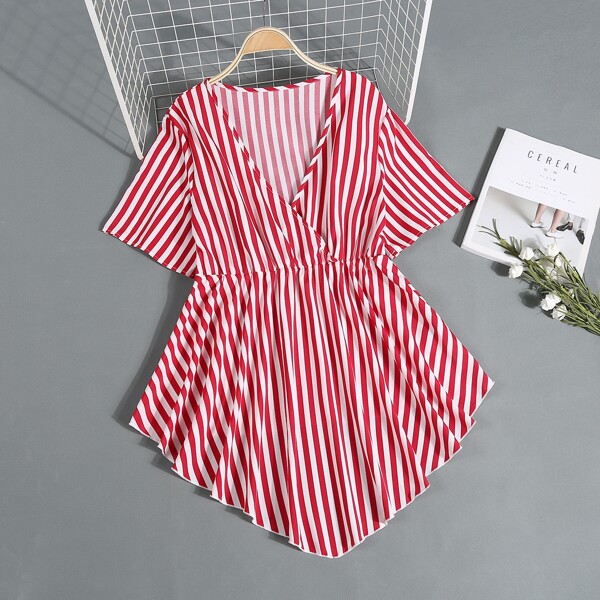 

Plus Striped Print Asymmetrical Hem Peplum Blouse, Red and white