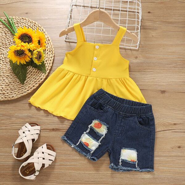 

Toddler Girls Ruffle Hem Cami Top & Ripped Denim Shorts, Multicolor