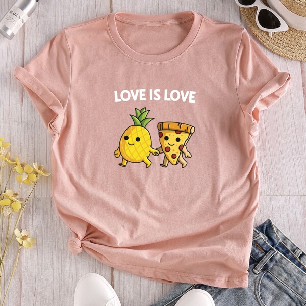 

Cartoon And Slogan Graphic Tee, Pink