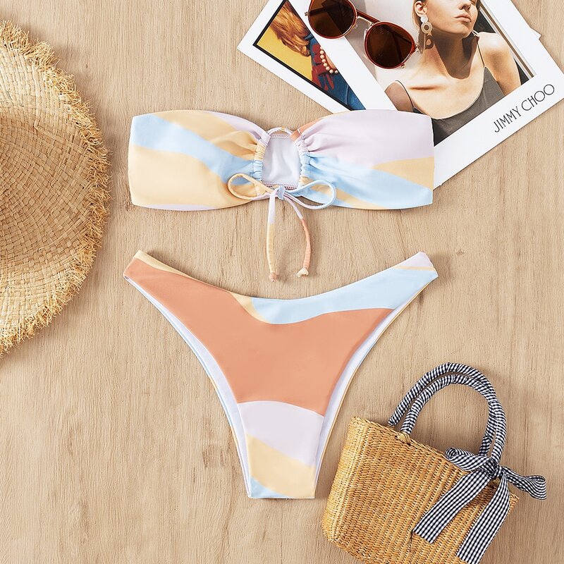 

Color Block Bandeau Bikini Swimsuit, Multicolor