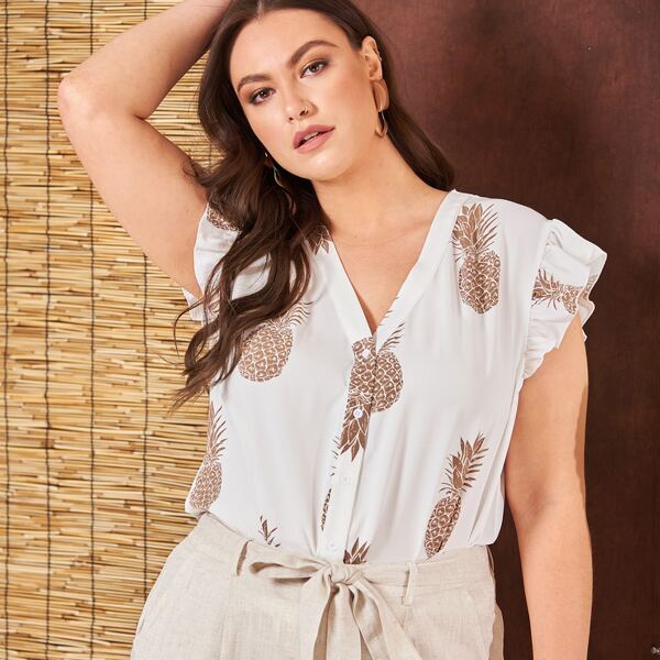 

Plus V-neck Ruffle Armhole Pineapple Print Blouse, White