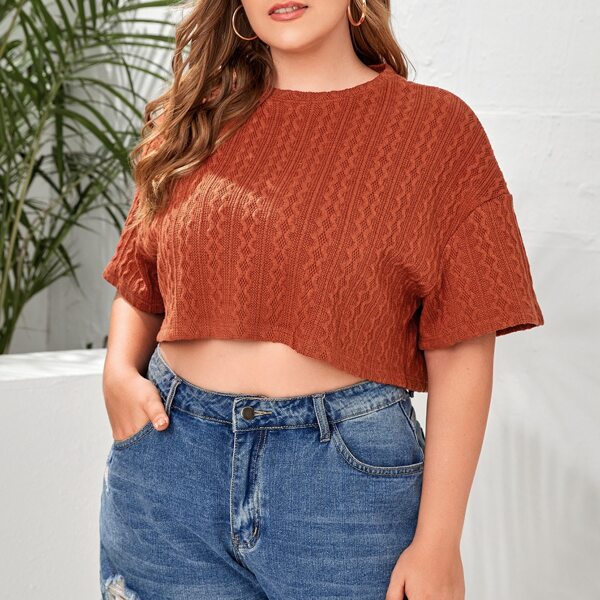 

Plus Drop Shoulder Textured Crop Tee, Rust brown