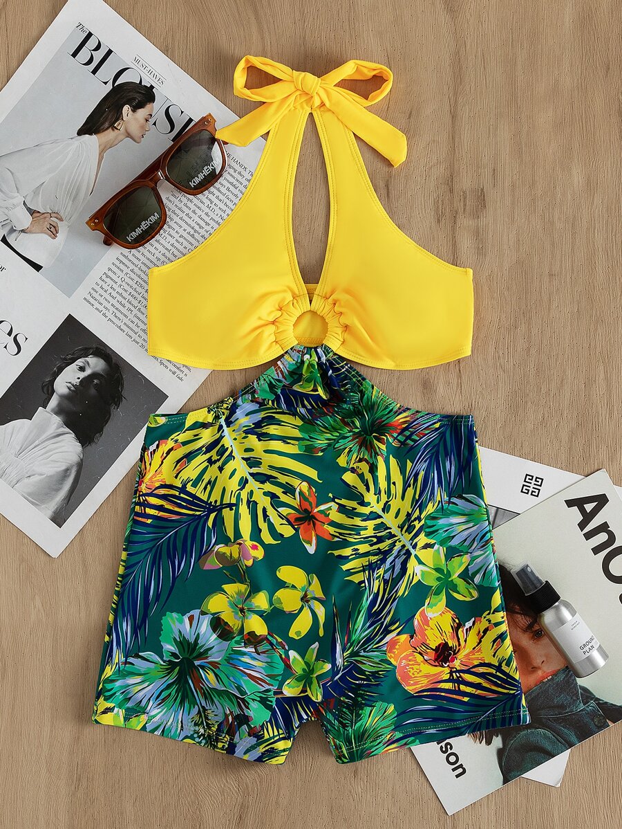 Tropical Ring Linked Halter One Piece Swimsuit - Multicolor - View 1