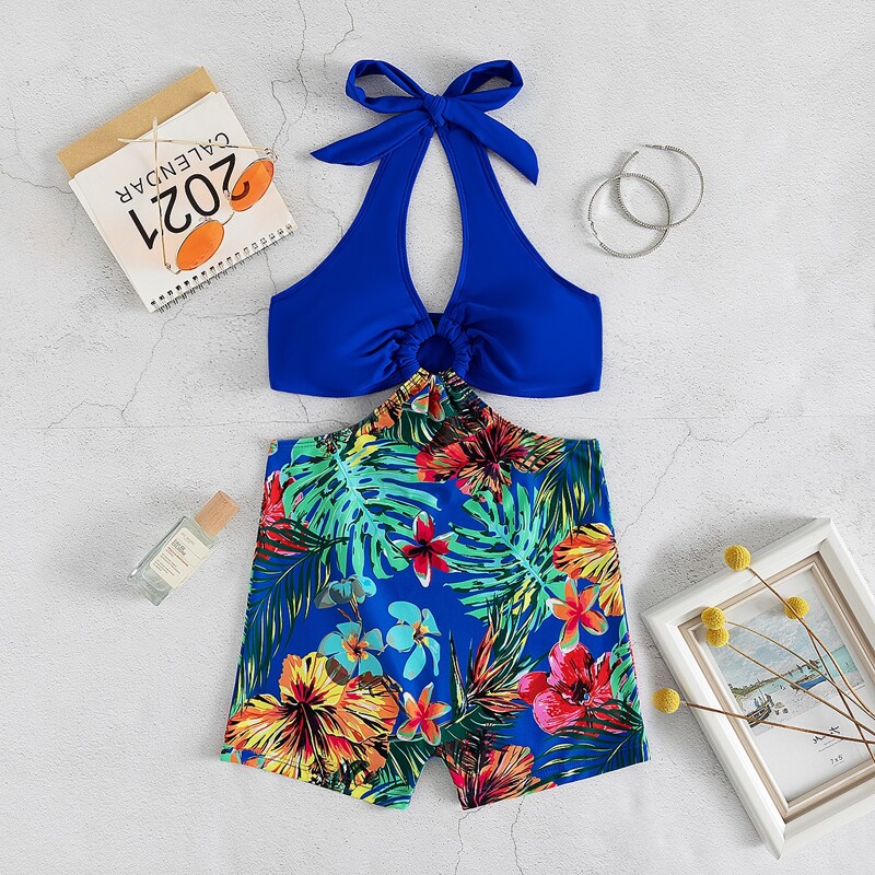 

Tropical Ring Linked Halter One Piece Swimsuit, Royal blue