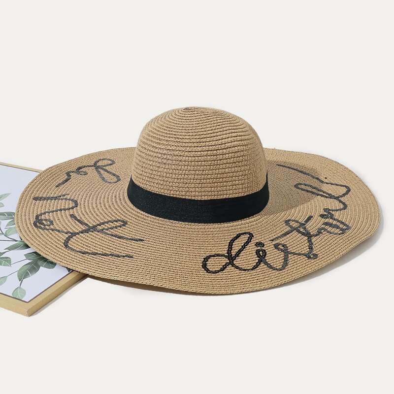 

Letter Sequin Straw Hat, Khaki
