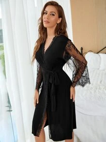 ÁO choàng mặc nhà Tương phản ren màu trơn Thanh lịch - màu đen - Xem 5