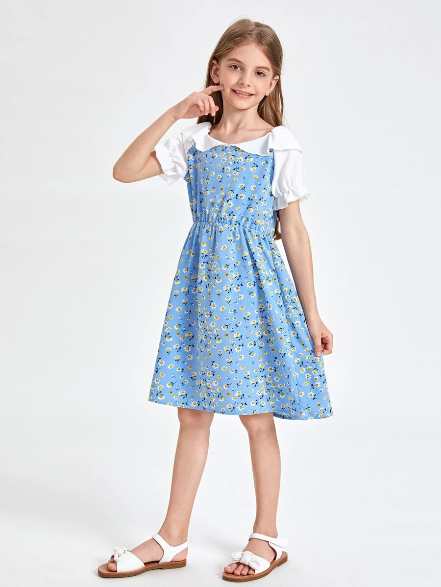 SHEIN Girls Contrast Flounce Sleeve Ruffle Detail Ditsy Floral Dress - Blue - View 1