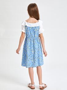 SHEIN Girls Contrast Flounce Sleeve Ruffle Detail Ditsy Floral Dress - Blue - View 2